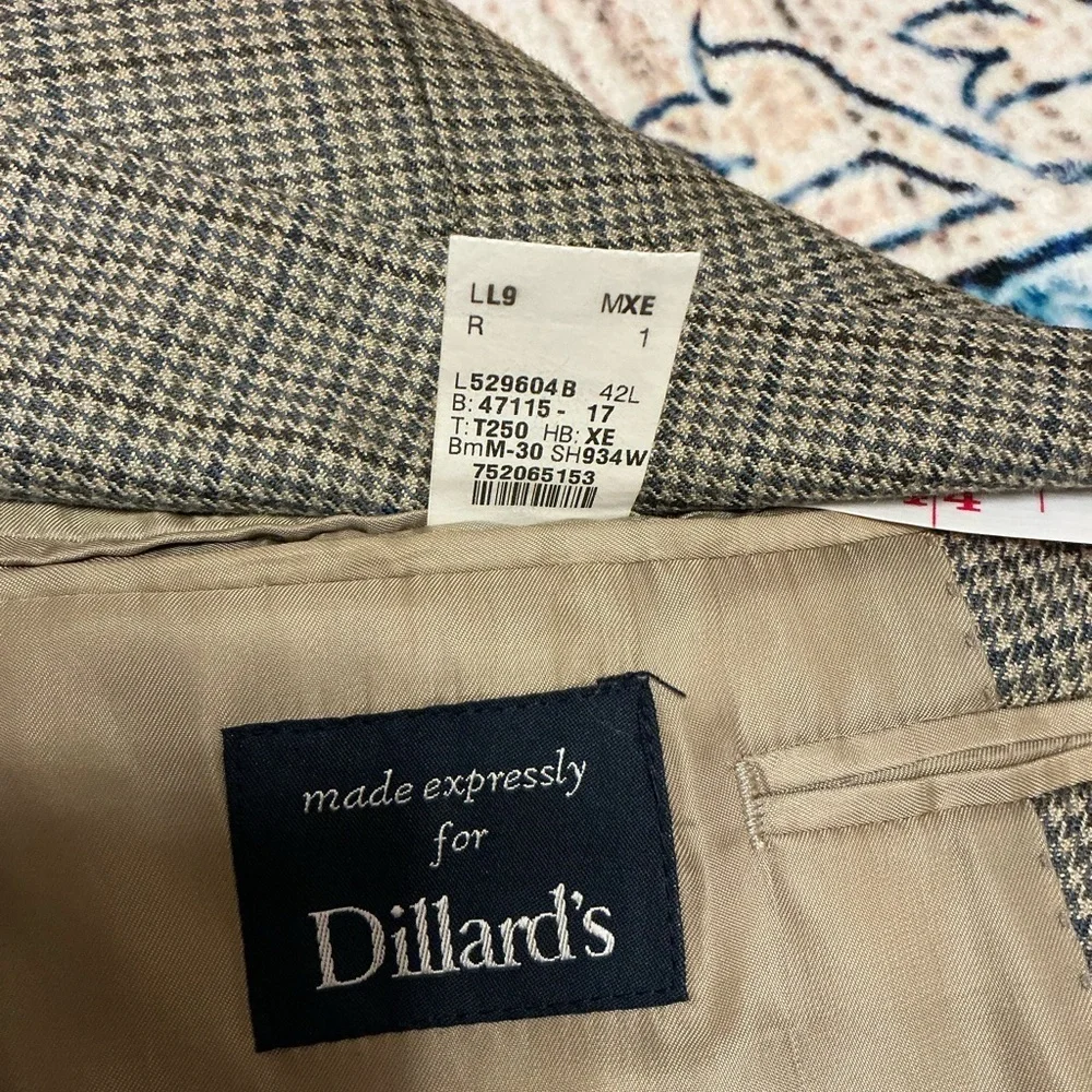 Ralph Lauren Mens 42L Tan/Blue/Gray Houndstooth Wool Silk Sport Coat Blazer